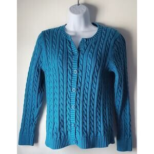 L.L.Bean Womens Blue Cableknit Cardigan Sweater Size Medium Fisherman Preppy